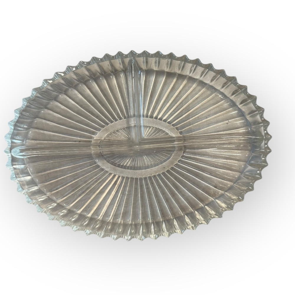 Glass‎ Divided Relish Dish 3-Part Oval Ribbed Vintage